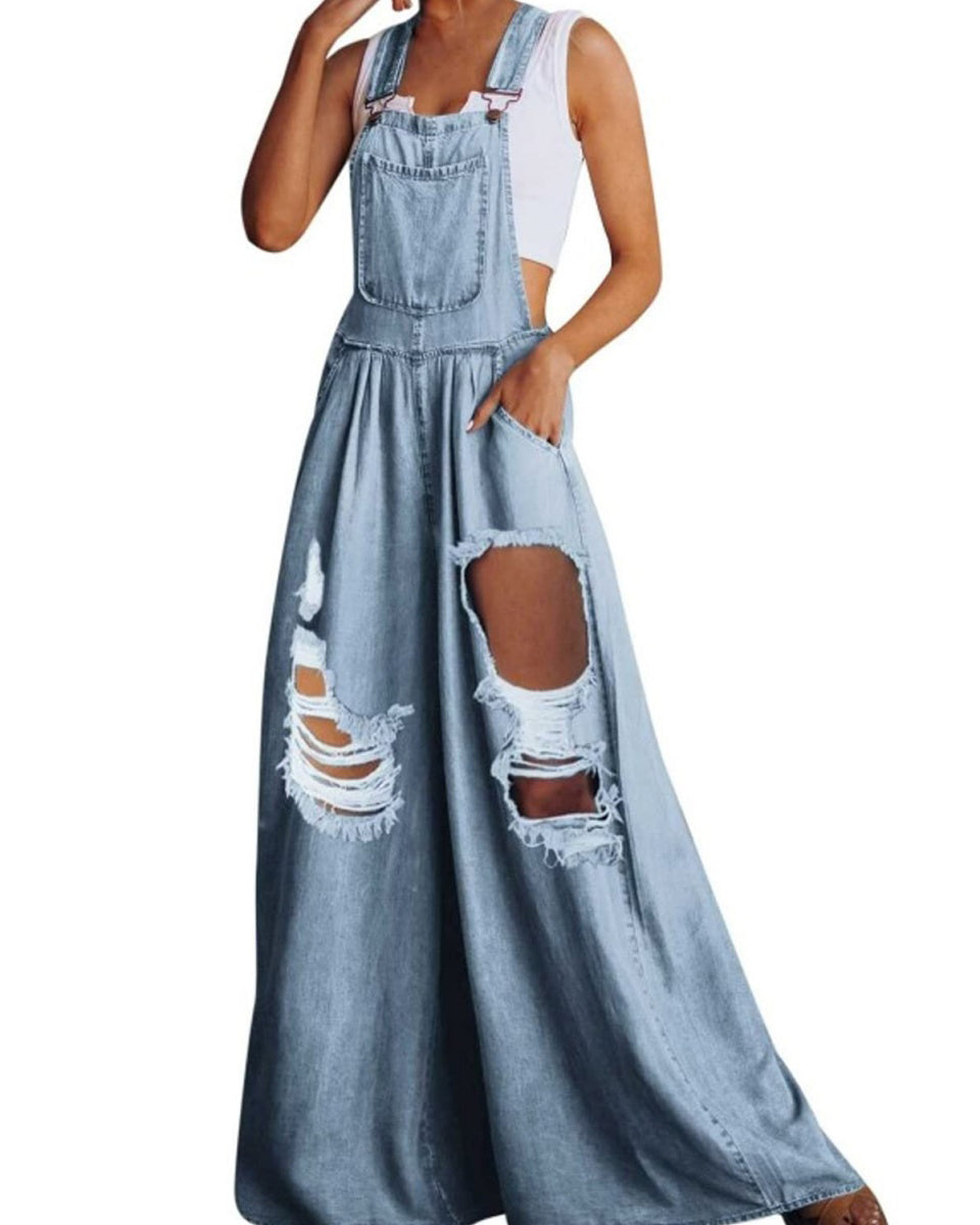 Chouyatou Women's Loose Adjustable Strap Wide Leg Denim Bib Overall Jeans Pants