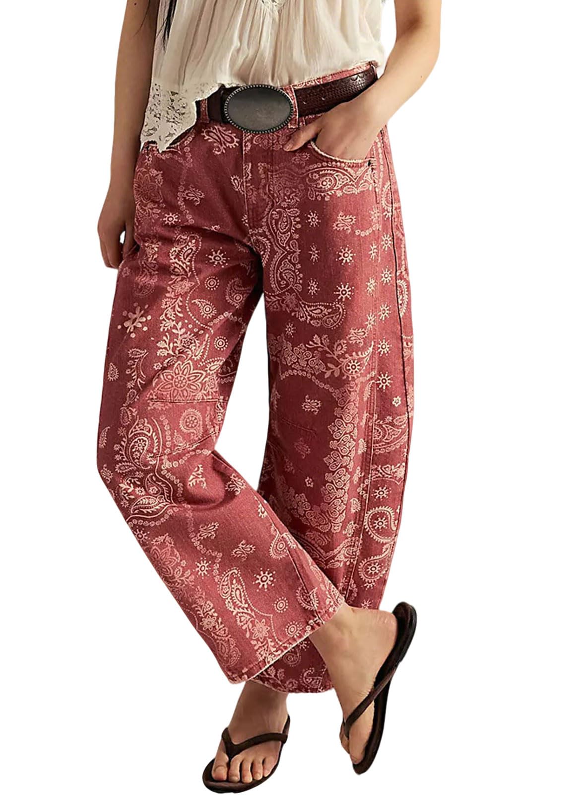 Chouyatou Women Boyfriend Baggy Barrel Jeans Floral Print Denim Ankle Pants Wide Leg Mid Rise Jeans Sweatpants Y2k Patchwork
