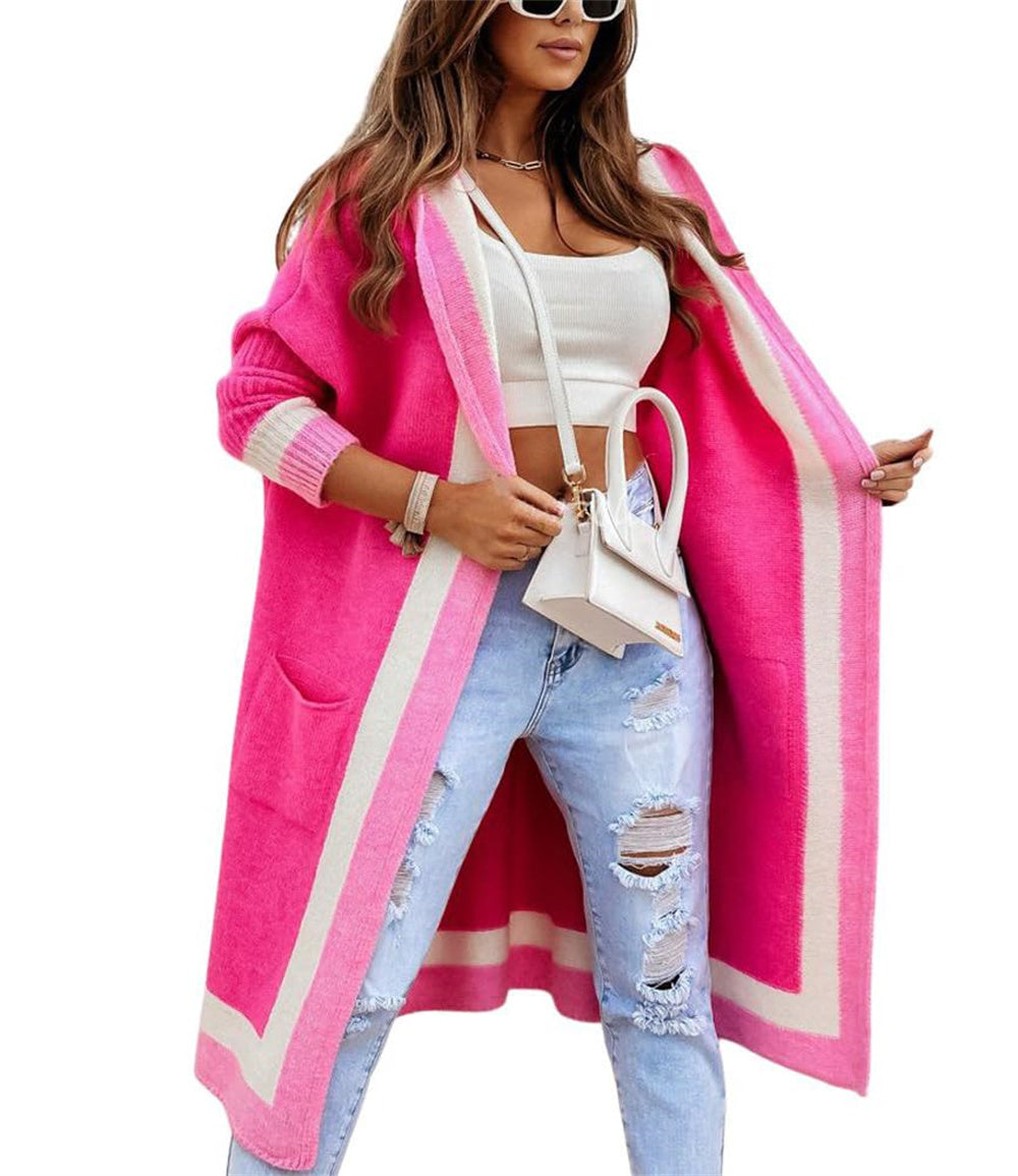 Chouyatou Women's Color Block Vertical Striped Open Front Oversized Hooded Long Cardigan Sweaters with Pockets
