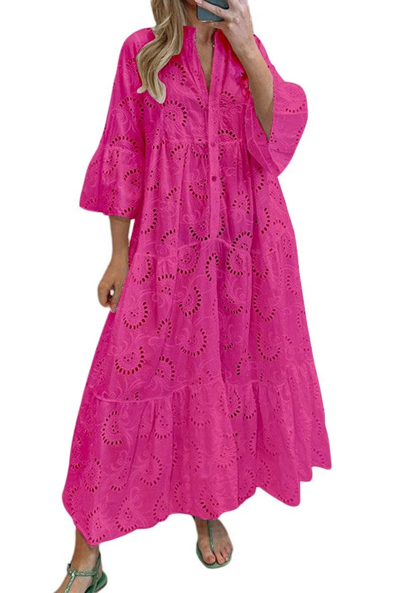 Chouyatou Women's Lace Eyelet Embroidery Maxi Dress V-Neck Trumpet Sleeve Boho Flowy Swing Dress
