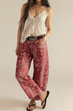 chouyatou Women Boyfriend Baggy Barrel Jeans Floral Print Denim Ankle Pants Wide Leg Mid Rise Jeans Sweatpants Y2k Patchwork