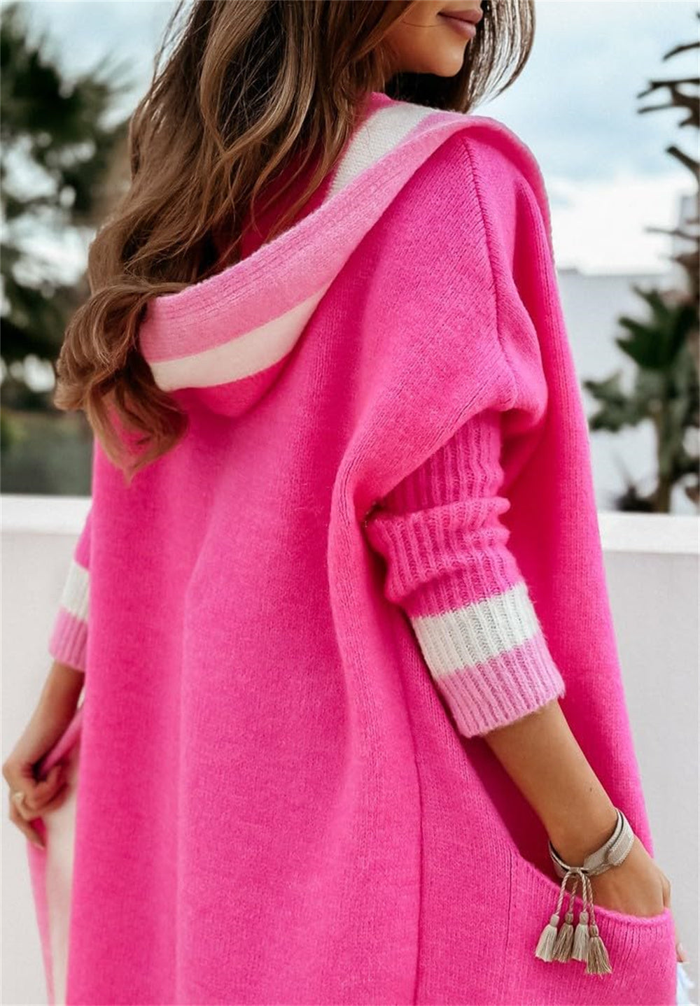 Chouyatou Women's Color Block Vertical Striped Open Front Oversized Hooded Long Cardigan Sweaters with Pockets