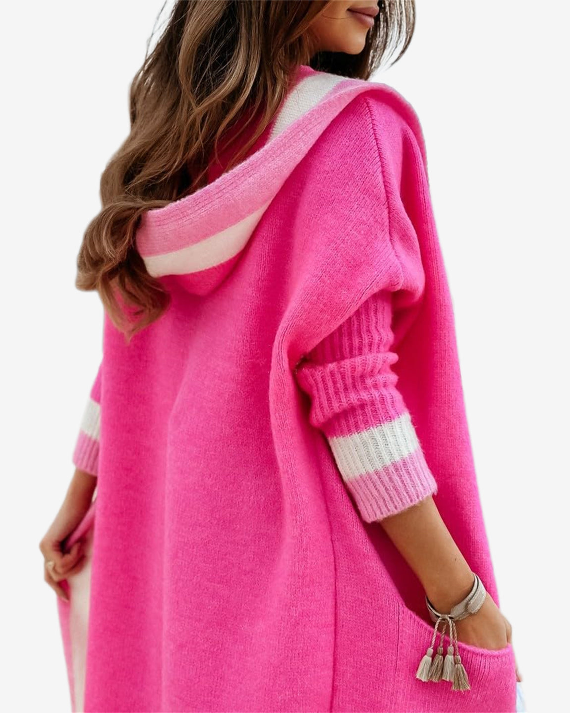 Chouyatou Women's Color Block Vertical Striped Open Front Oversized Hooded Long Cardigan Sweaters with Pockets