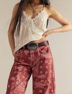 Chouyatou Women Boyfriend Baggy Barrel Jeans Floral Print Denim Ankle Pants Wide Leg Mid Rise Jeans Sweatpants Y2k Patchwork