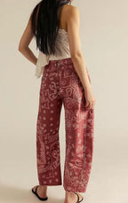 Chouyatou Women Boyfriend Baggy Barrel Jeans Floral Print Denim Ankle Pants Wide Leg Mid Rise Jeans Sweatpants Y2k Patchwork