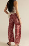 chouyatou Women Boyfriend Baggy Barrel Jeans Floral Print Denim Ankle Pants Wide Leg Mid Rise Jeans Sweatpants Y2k Patchwork