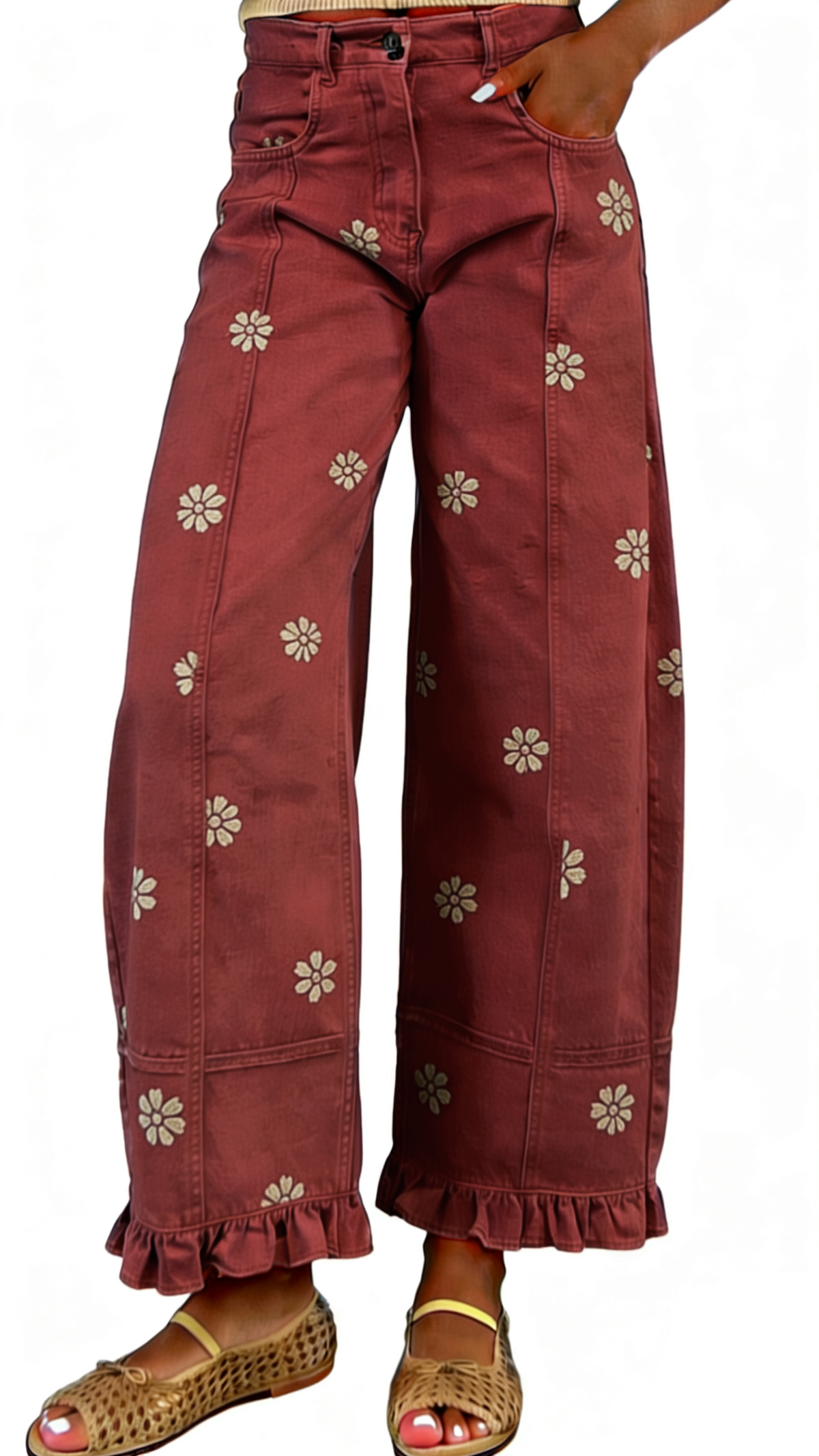 Chouyatou Barrel Jeans Women Floral Print Wide Leg Jeans Y2k Patchwork Baggy Boyfriend Denim Pants