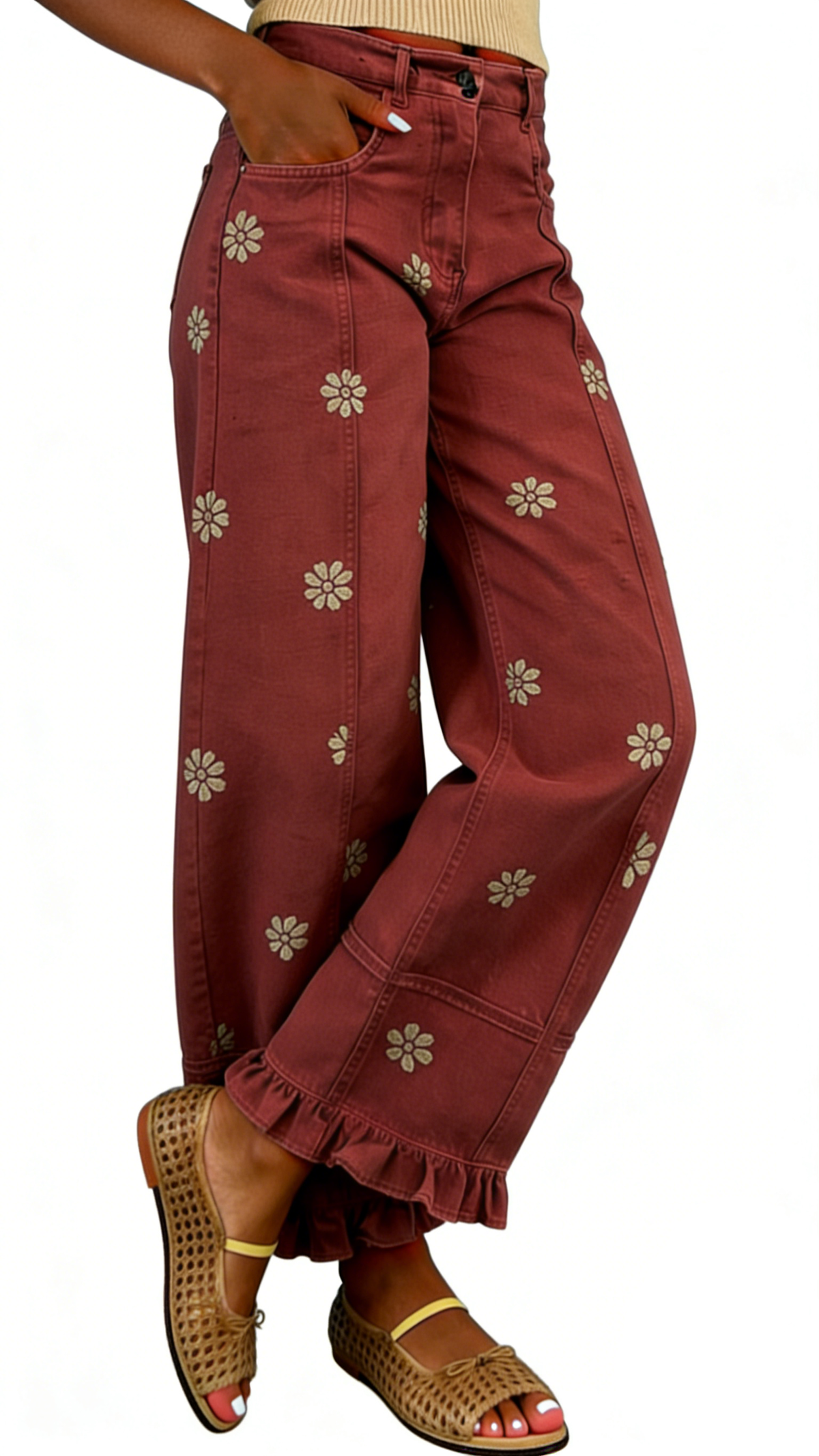 Chouyatou Barrel Jeans Women Floral Print Wide Leg Jeans Y2k Patchwork Baggy Boyfriend Denim Pants