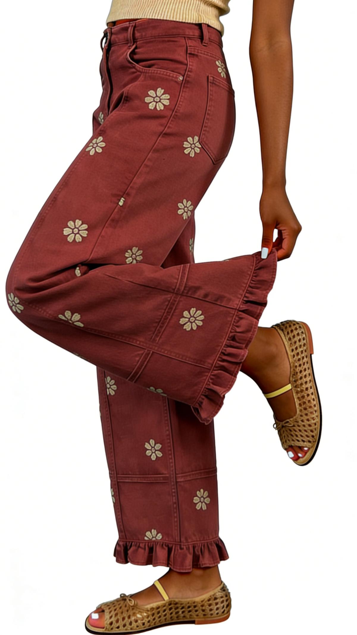Chouyatou Barrel Jeans Women Floral Print Wide Leg Jeans Y2k Patchwork Baggy Boyfriend Denim Pants
