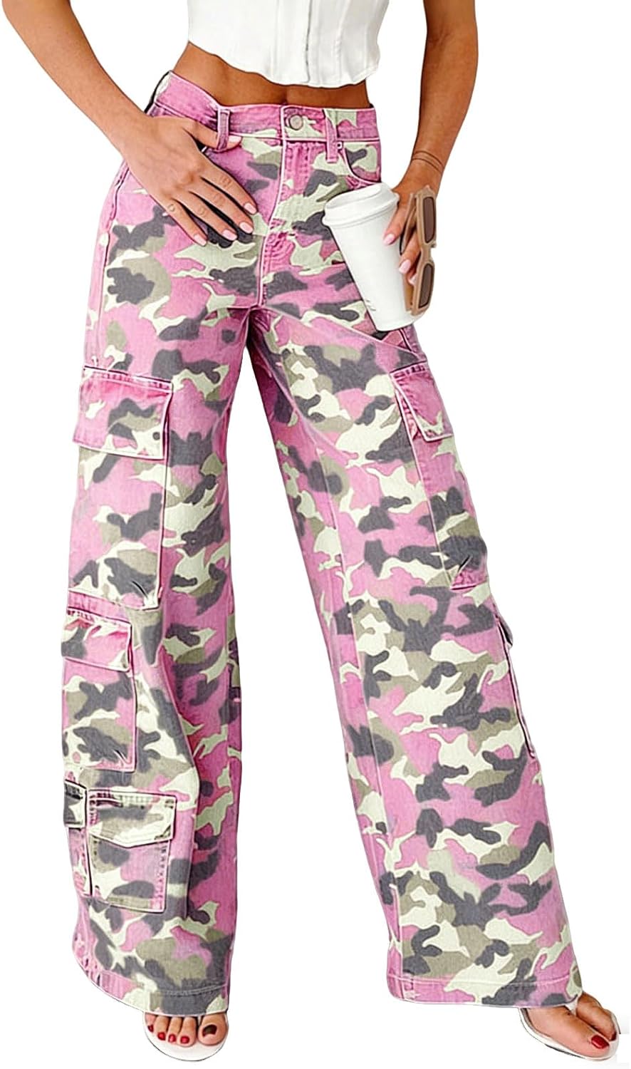 Chouyatou Women Casual Camo Print Denim Pants Y2k Wide Leg Cargo Jeans Flare Distressed Camouflage Jeans Sweatpants Pockets