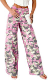 Chouyatou Women Casual Camo Print Denim Pants Y2k Wide Leg Cargo Jeans Flare Distressed Camouflage Jeans Sweatpants Pockets
