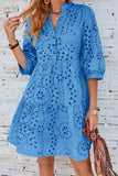 Chouyatou Women's 2025 Eyelet Lace Midi Dress V Neck Puff 3/4 Sleeve Button Tiered Sexy A Line Sun Dress