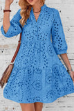 Chouyatou Women's 2025 Eyelet Lace Midi Dress V Neck Puff 3/4 Sleeve Button Tiered Sexy A Line Sun Dress