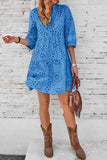 Chouyatou Women's 2025 Eyelet Lace Midi Dress V Neck Puff 3/4 Sleeve Button Tiered Sexy A Line Sun Dress
