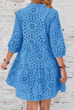 Chouyatou Women's 2025 Eyelet Lace Midi Dress V Neck Puff 3/4 Sleeve Button Tiered Sexy A Line Sun Dress