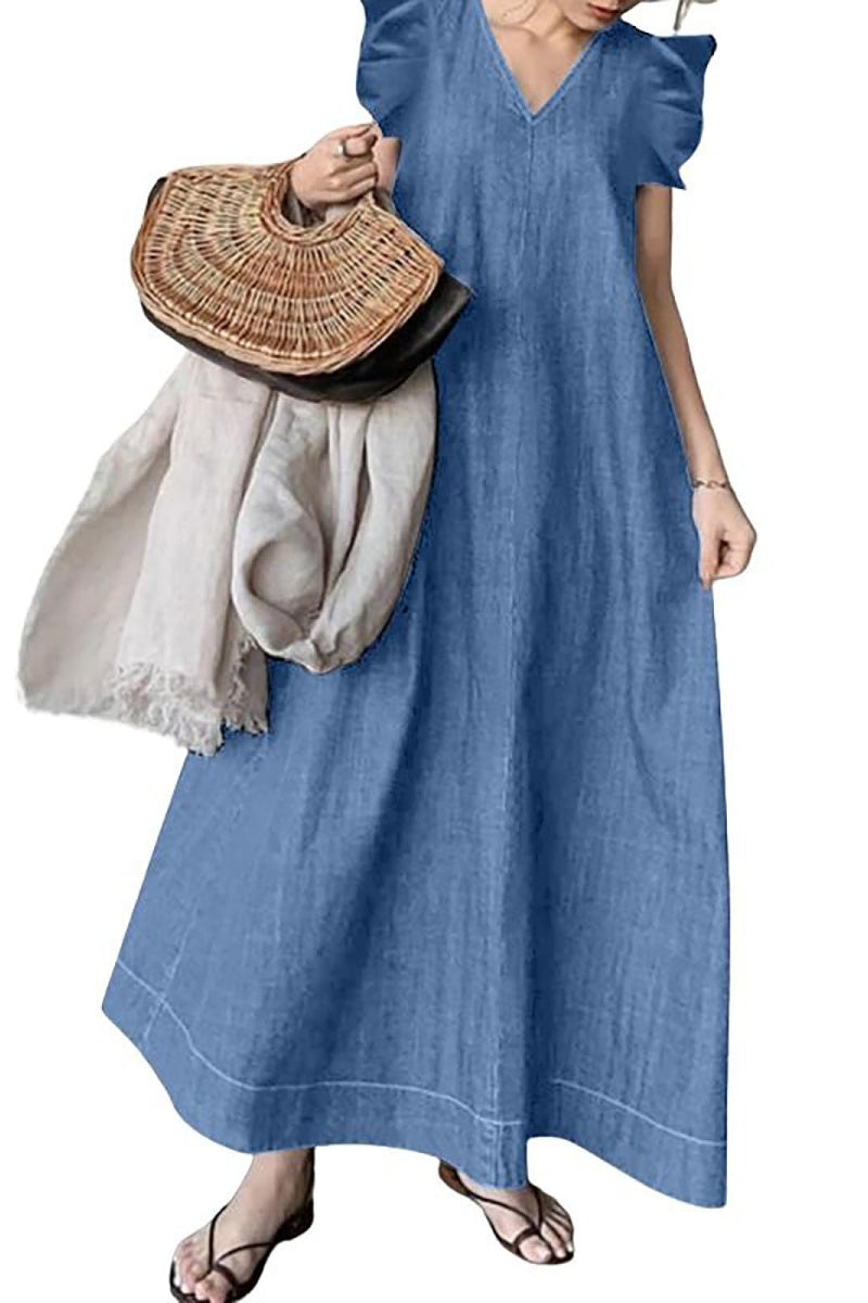 Chouyatou Womens Long Denim Dress Casual Loose Fit Ruffle Sleeveless V-Neck Jean Maxi Dresses for Women