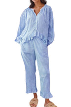 Chouyatou Womens Gingham Pajama Set 2 Piece Long Sleeve Babydoll Shirt and Pants Matching Lounge Set Fall Outfits