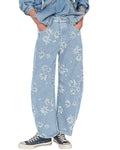 Chouyatou Women Y2k Distressed Barrel Jeans Baggy Wide Leg Jeans Floral Printed Boyfriend Patchwork Denim Pants