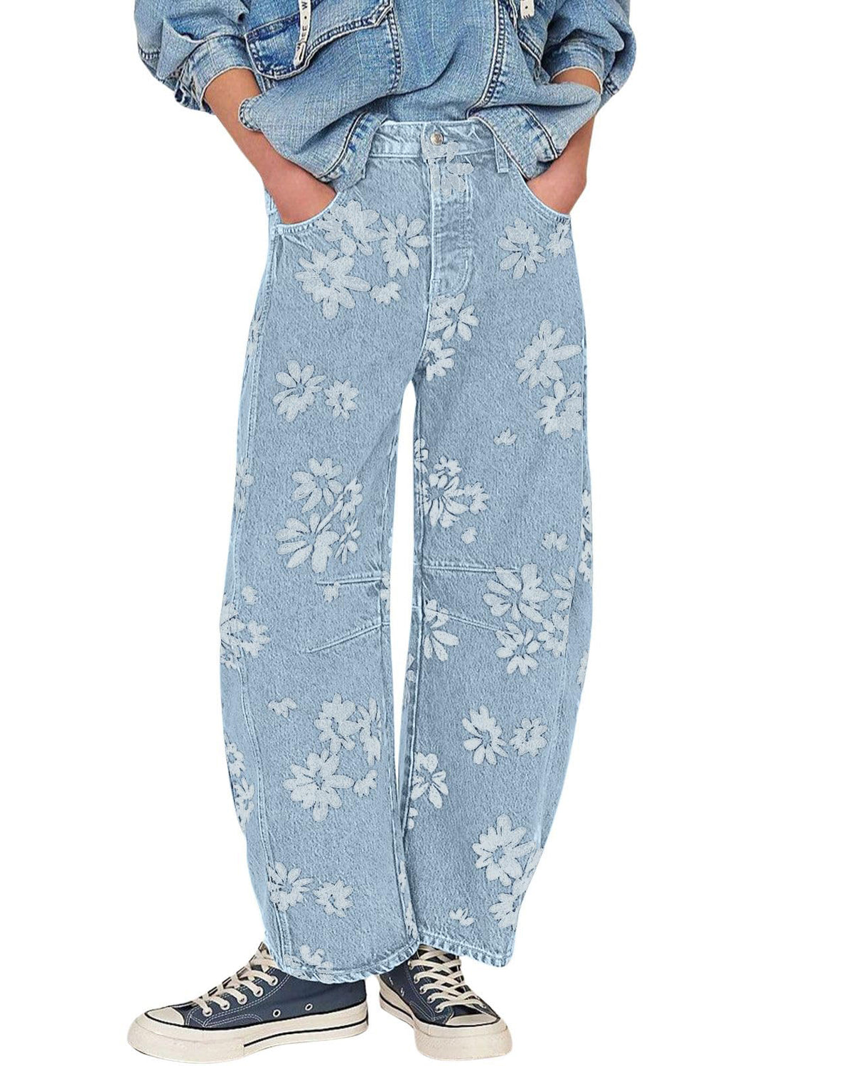 Chouyatou Women Y2k Distressed Barrel Jeans Baggy Wide Leg Jeans Floral Printed Boyfriend Patchwork Denim Pants
