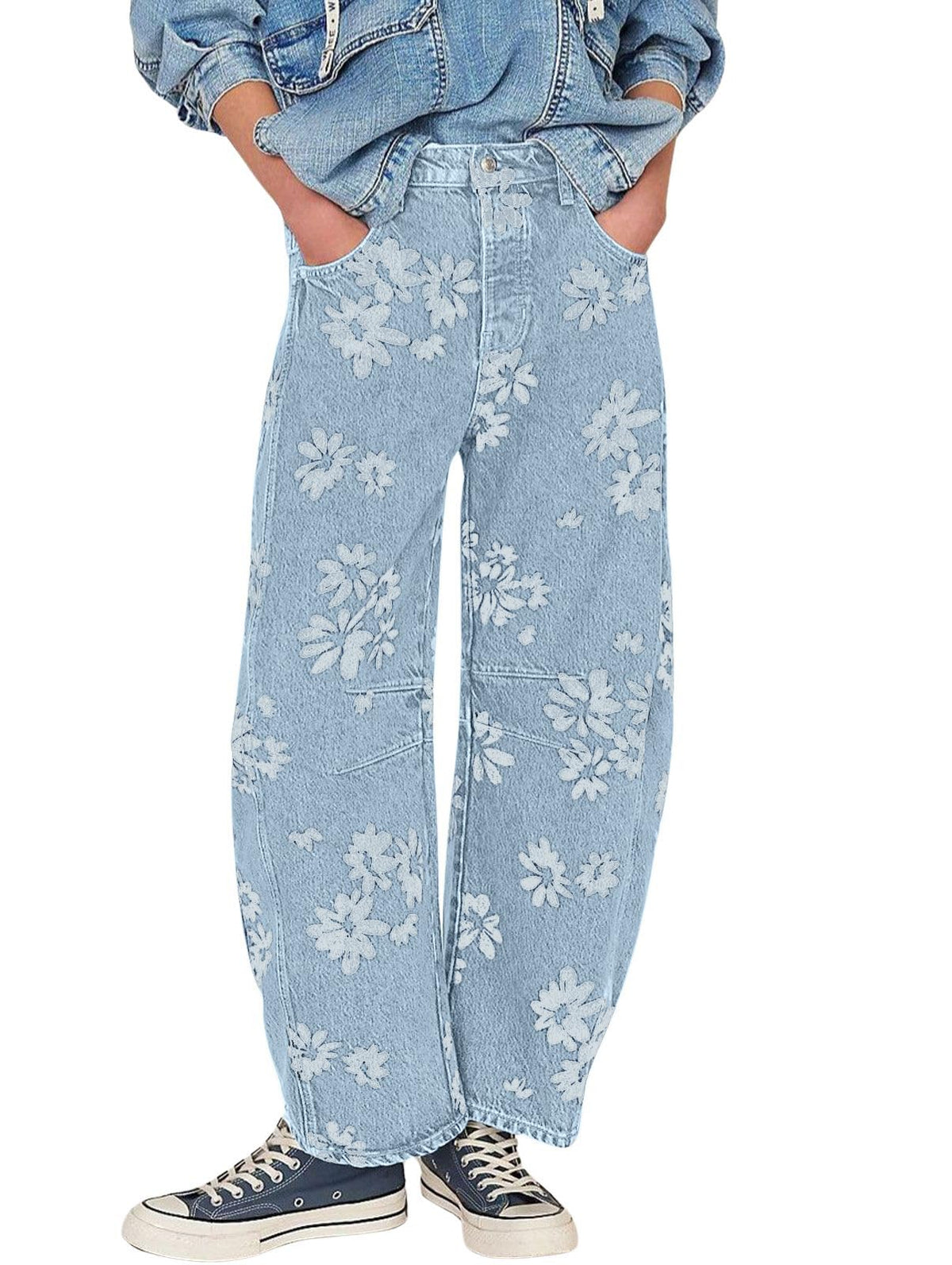 Chouyatou Women Y2k Distressed Barrel Jeans Baggy Wide Leg Jeans Floral Printed Boyfriend Patchwork Denim Pants