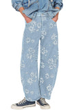 Chouyatou Women Y2k Distressed Barrel Jeans Baggy Wide Leg Jeans Floral Printed Boyfriend Patchwork Denim Pants