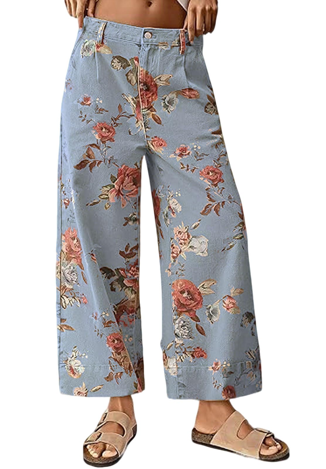 Chouyatou Women Mid Rise Cropped Wide Leg Jeans Baggy Floral Ankle Pants Denim Capris Flare Print Boho Palazzo Jeans Boyfriend