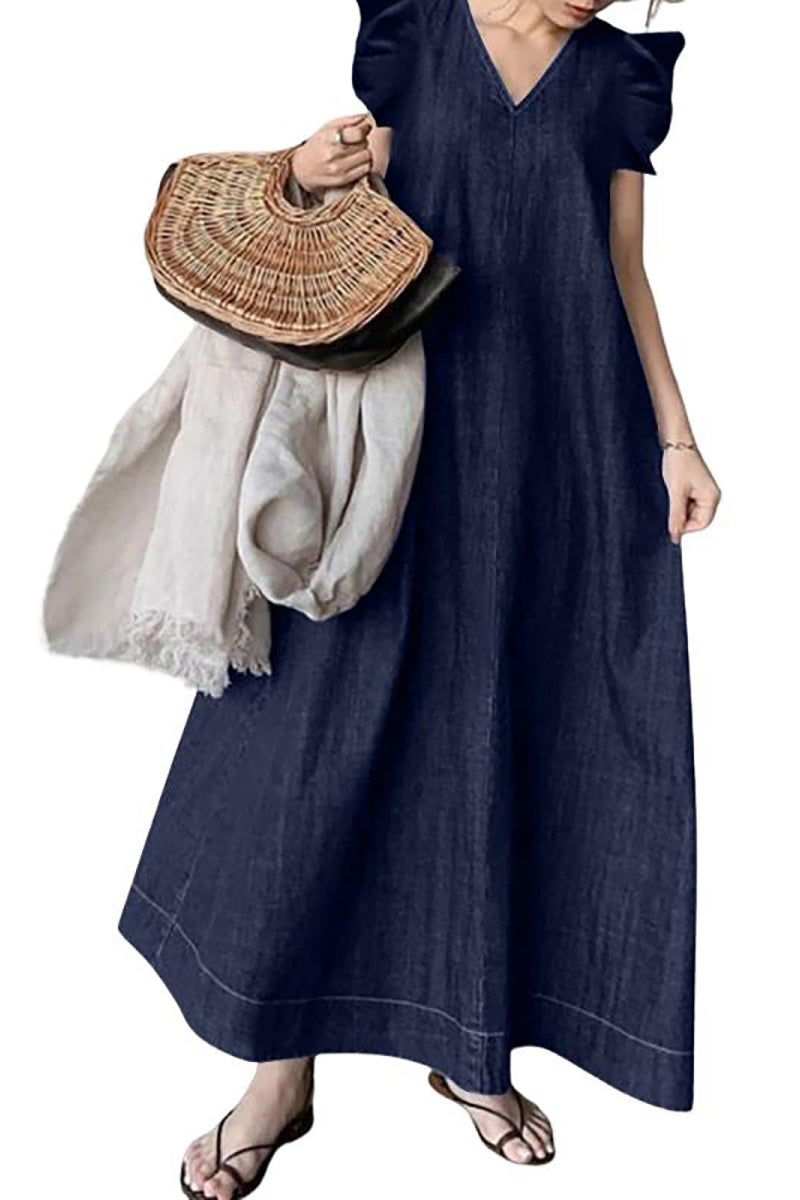 Chouyatou Womens Long Denim Dress Casual Loose Fit Ruffle Sleeveless V-Neck Jean Maxi Dresses for Women
