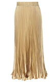 Chouyatou Women's Boho Satin Metallic Pleated Accordion Skirts Elastic High Waist Flowy A Line Shirring Maxi Long Skirt