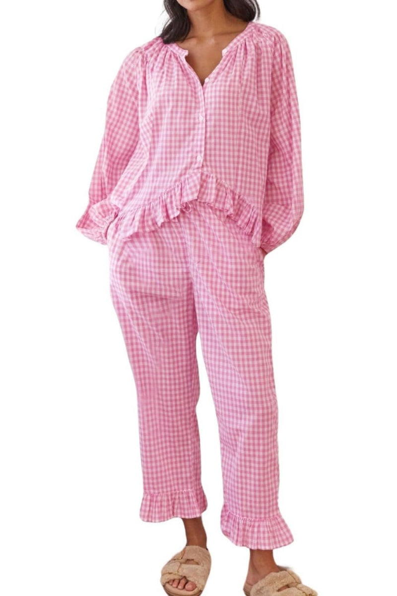Chouyatou Womens Gingham Pajama Set 2 Piece Long Sleeve Babydoll Shirt and Pants Matching Lounge Set Fall Outfits