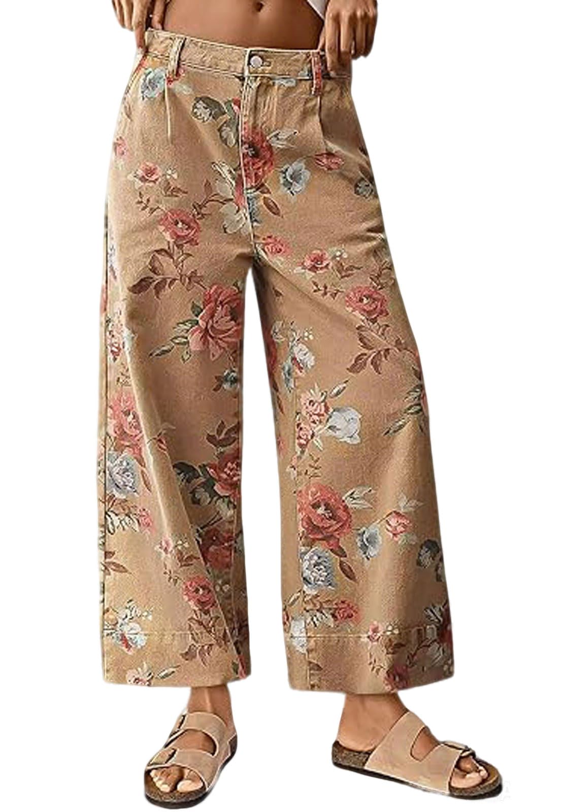 Chouyatou Women Mid Rise Cropped Wide Leg Jeans Baggy Floral Ankle Pants Denim Capris Flare Print Boho Palazzo Jeans Boyfriend
