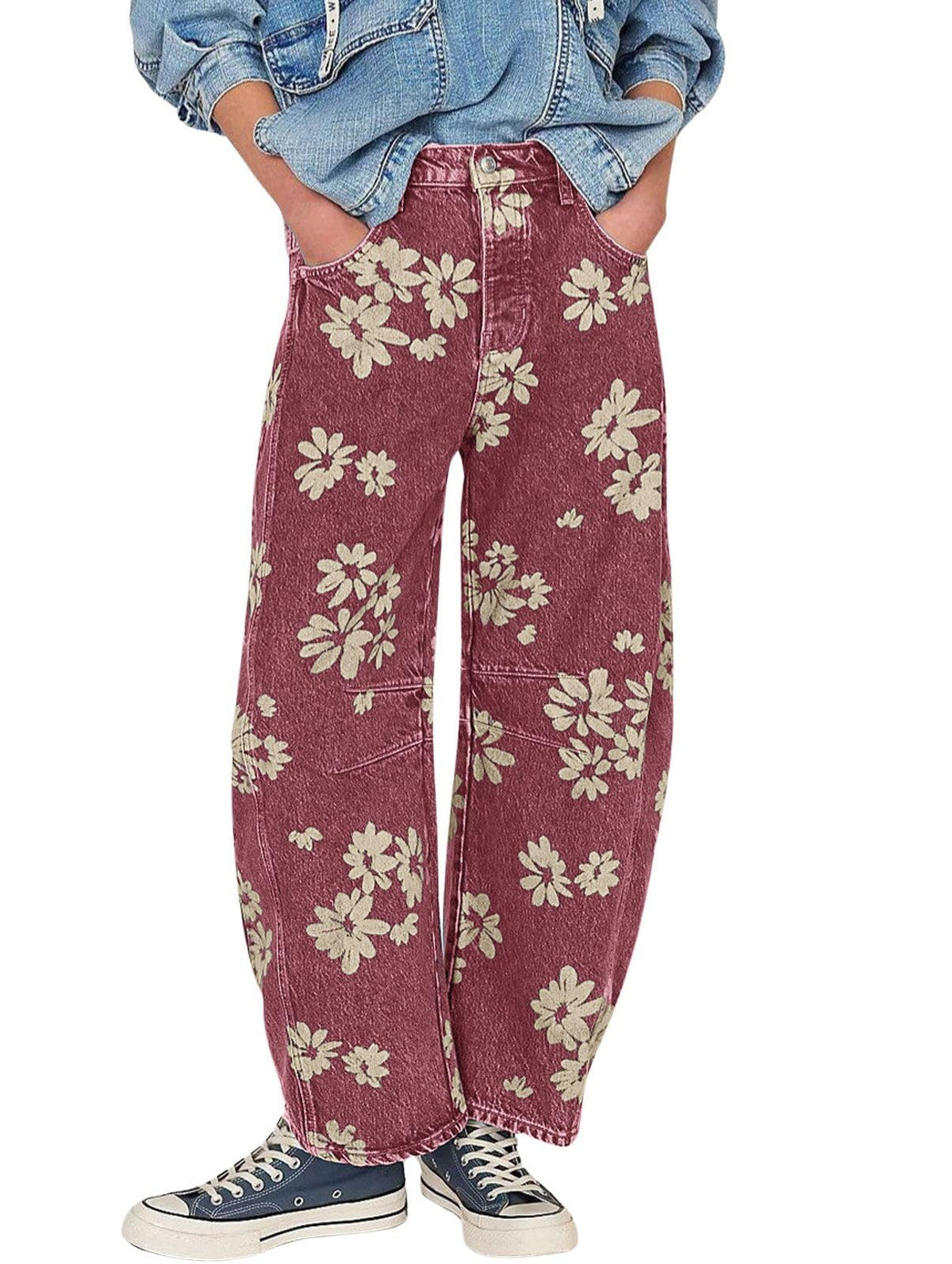 Chouyatou Women Y2k Distressed Barrel Jeans Baggy Wide Leg Jeans Floral Printed Boyfriend Patchwork Denim Pants