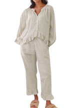 Chouyatou Womens Gingham Pajama Set 2 Piece Long Sleeve Babydoll Shirt and Pants Matching Lounge Set Fall Outfits