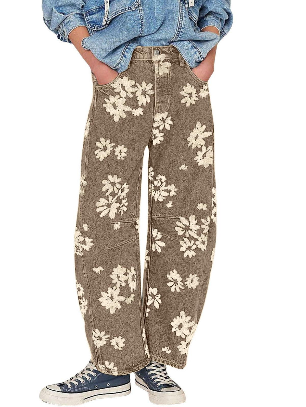 Chouyatou Women Y2k Distressed Barrel Jeans Baggy Wide Leg Jeans Floral Printed Boyfriend Patchwork Denim Pants