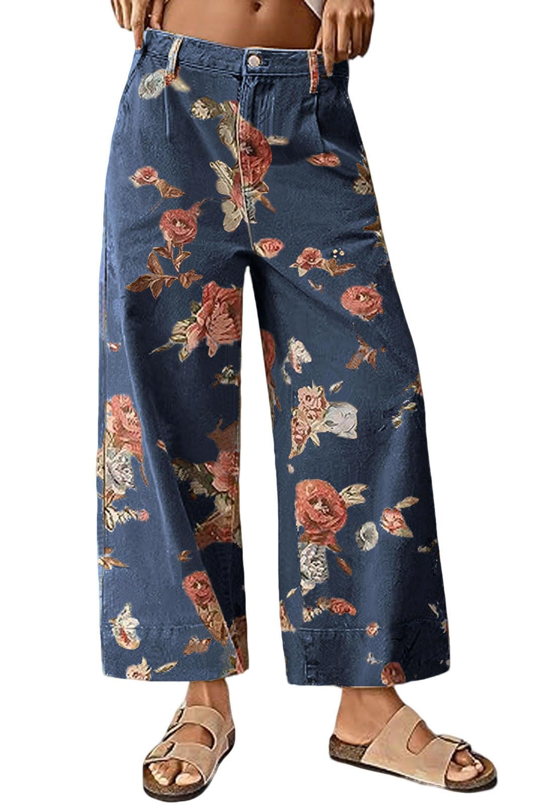 Chouyatou Women Mid Rise Cropped Wide Leg Jeans Baggy Floral Ankle Pants Denim Capris Flare Print Boho Palazzo Jeans Boyfriend