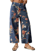 Chouyatou Women Mid Rise Cropped Wide Leg Jeans Baggy Floral Ankle Pants Denim Capris Flare Print Boho Palazzo Jeans Boyfriend