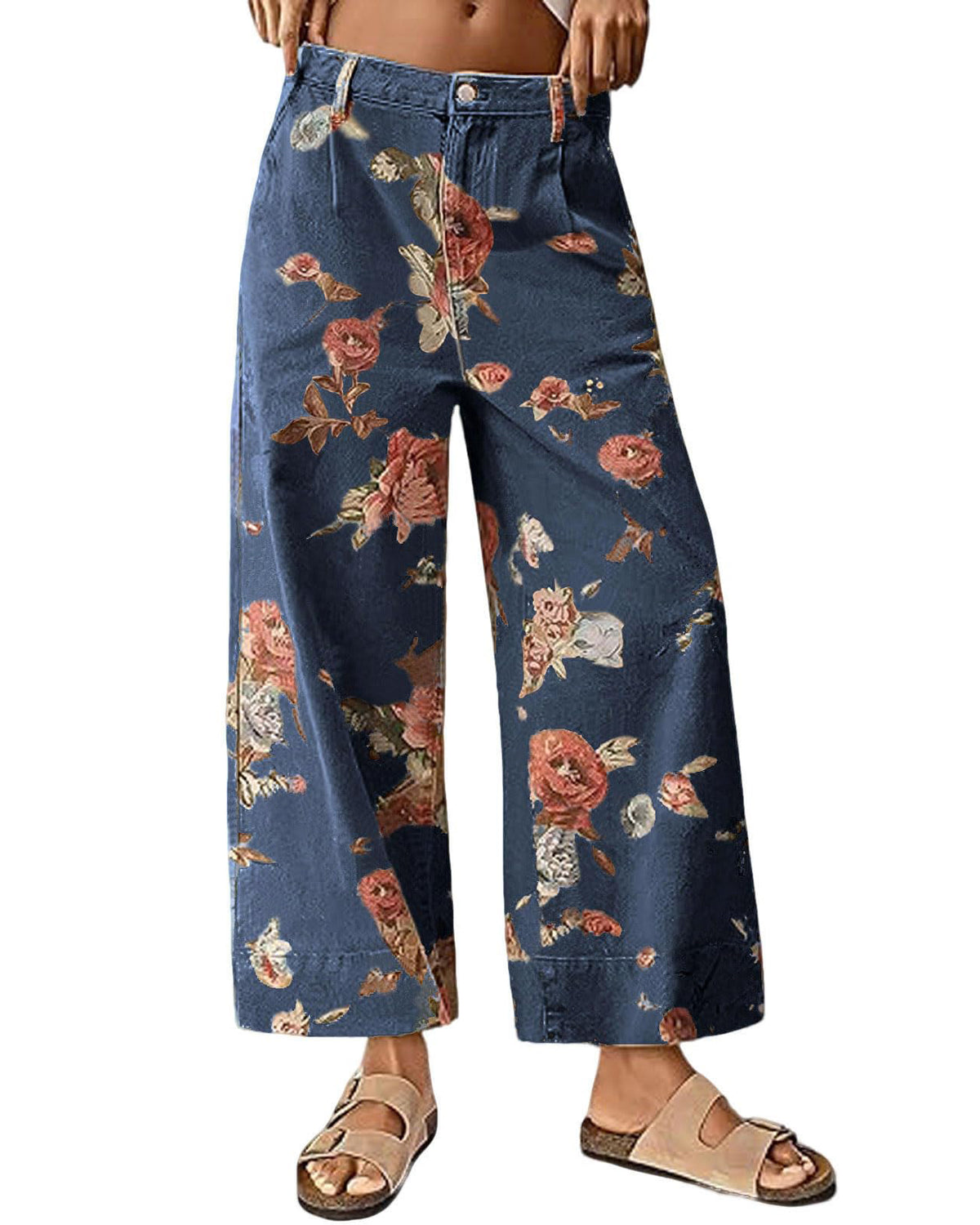 Chouyatou Women Mid Rise Cropped Wide Leg Jeans Baggy Floral Ankle Pants Denim Capris Flare Print Boho Palazzo Jeans Boyfriend