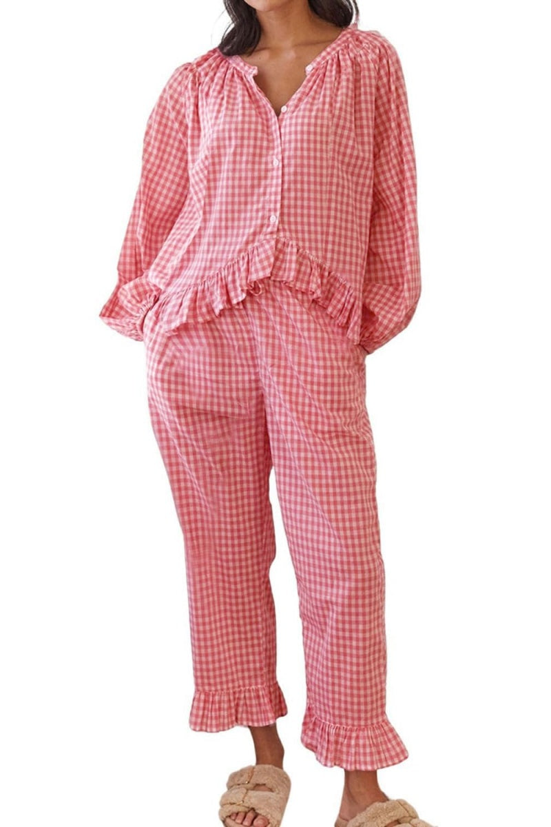 Chouyatou Womens Gingham Pajama Set 2 Piece Long Sleeve Babydoll Shirt and Pants Matching Lounge Set Fall Outfits