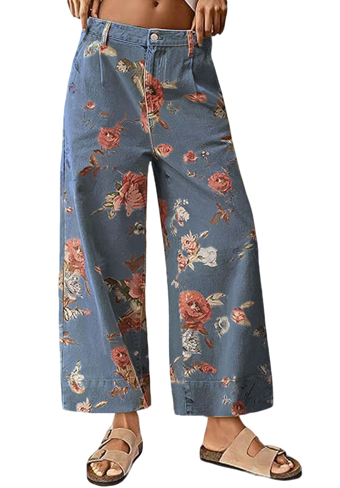 Chouyatou Women Mid Rise Cropped Wide Leg Jeans Baggy Floral Ankle Pants Denim Capris Flare Print Boho Palazzo Jeans Boyfriend
