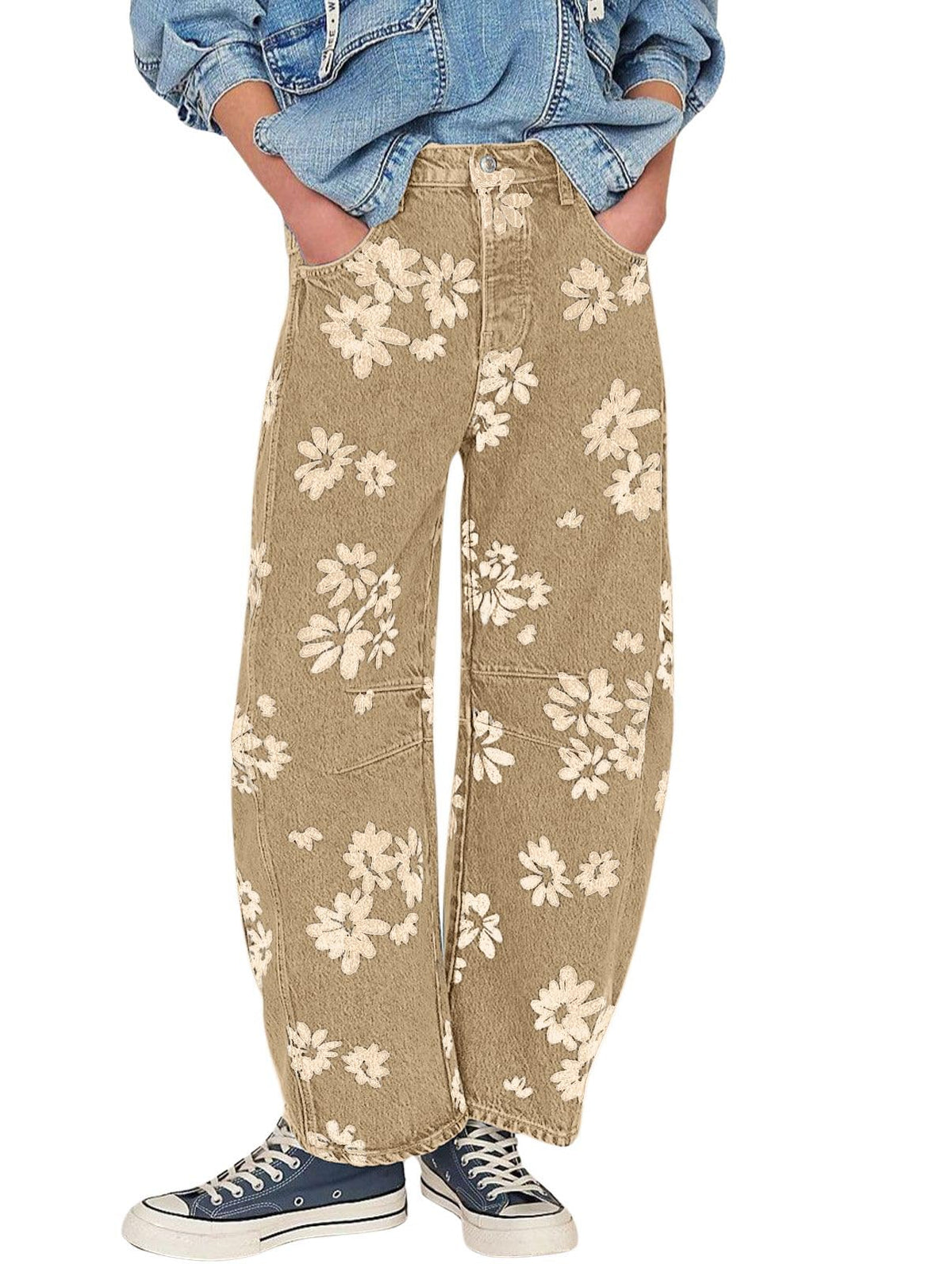 Chouyatou Women Y2k Distressed Barrel Jeans Baggy Wide Leg Jeans Floral Printed Boyfriend Patchwork Denim Pants