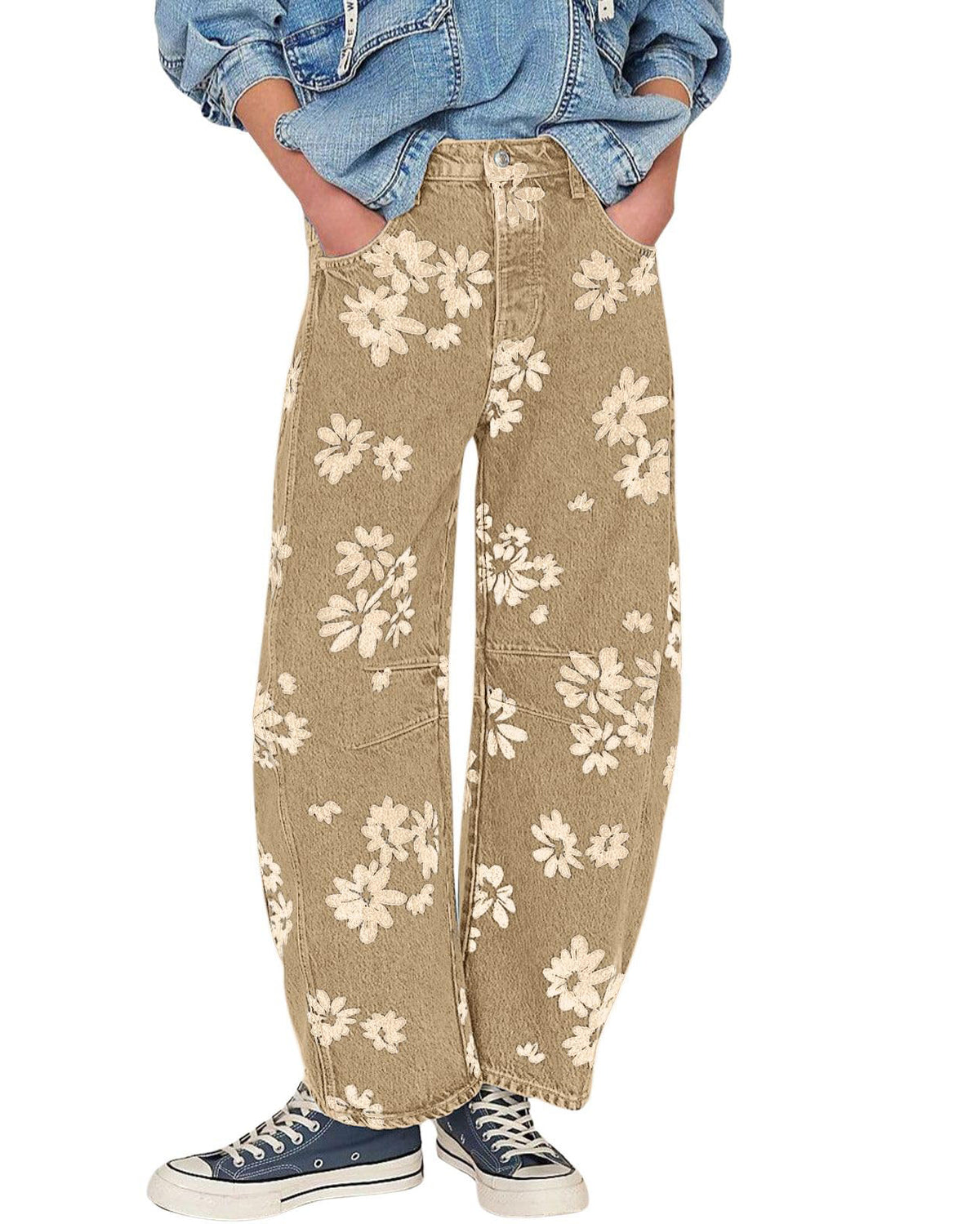 Chouyatou Women Y2k Distressed Barrel Jeans Baggy Wide Leg Jeans Floral Printed Boyfriend Patchwork Denim Pants
