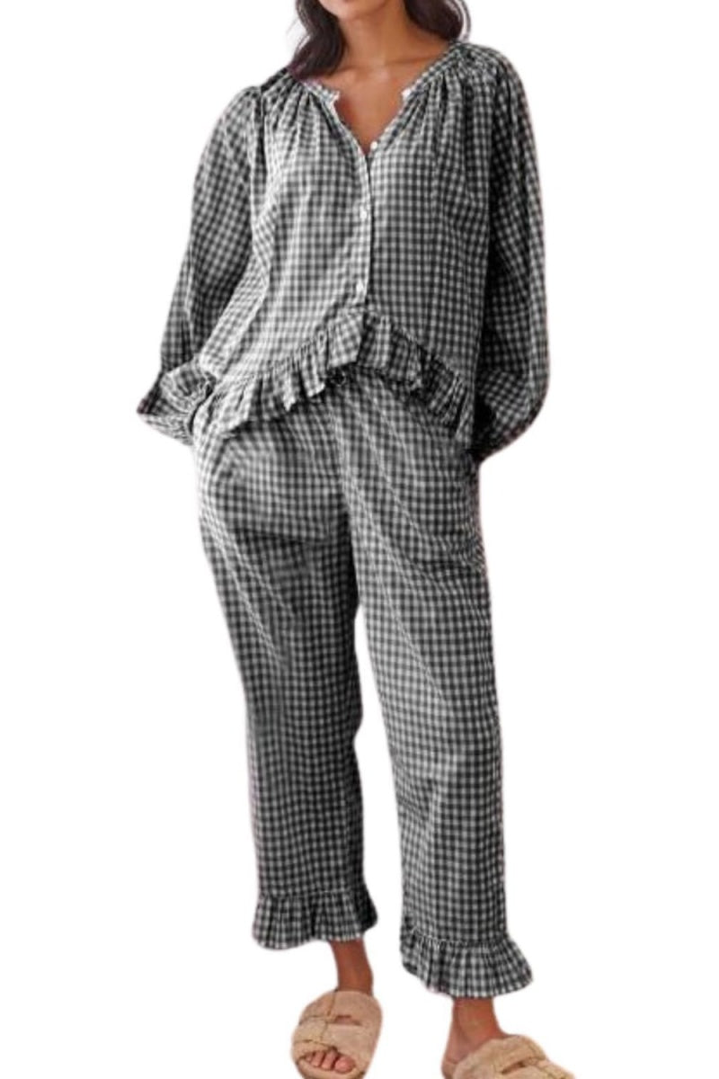 Chouyatou Womens Gingham Pajama Set 2 Piece Long Sleeve Babydoll Shirt and Pants Matching Lounge Set Fall Outfits