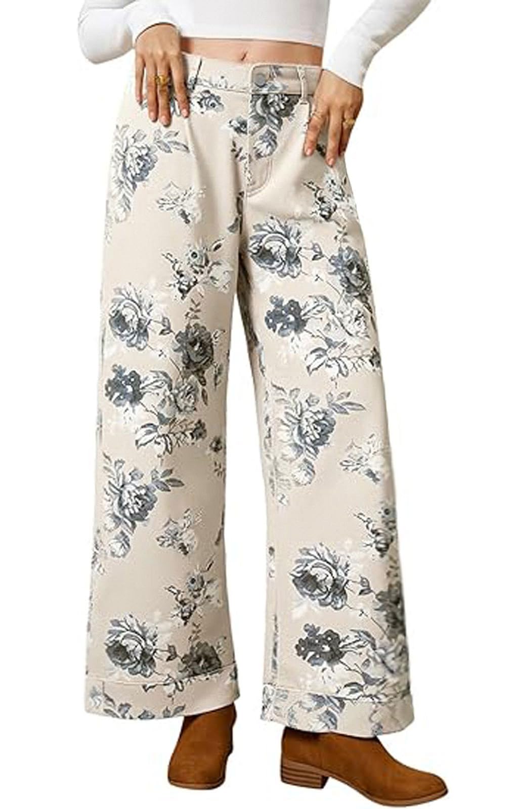 Chouyatou Women Mid Rise Cropped Wide Leg Jeans Baggy Floral Ankle Pants Denim Capris Flare Print Boho Palazzo Jeans Boyfriend