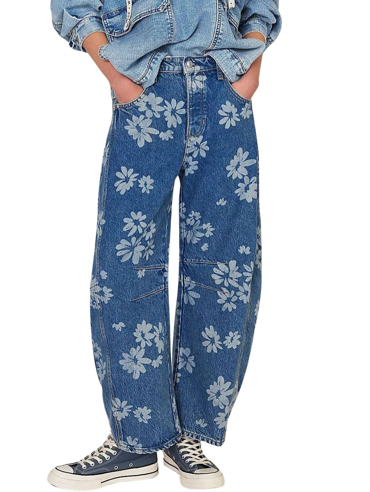 Chouyatou Women Y2k Distressed Barrel Jeans Baggy Wide Leg Jeans Floral Printed Boyfriend Patchwork Denim Pants