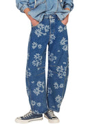 Chouyatou Women Y2k Distressed Barrel Jeans Baggy Wide Leg Jeans Floral Printed Boyfriend Patchwork Denim Pants