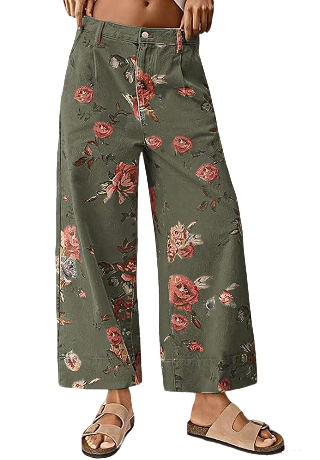 Chouyatou Women Mid Rise Cropped Wide Leg Jeans Baggy Floral Ankle Pants Denim Capris Flare Print Boho Palazzo Jeans Boyfriend