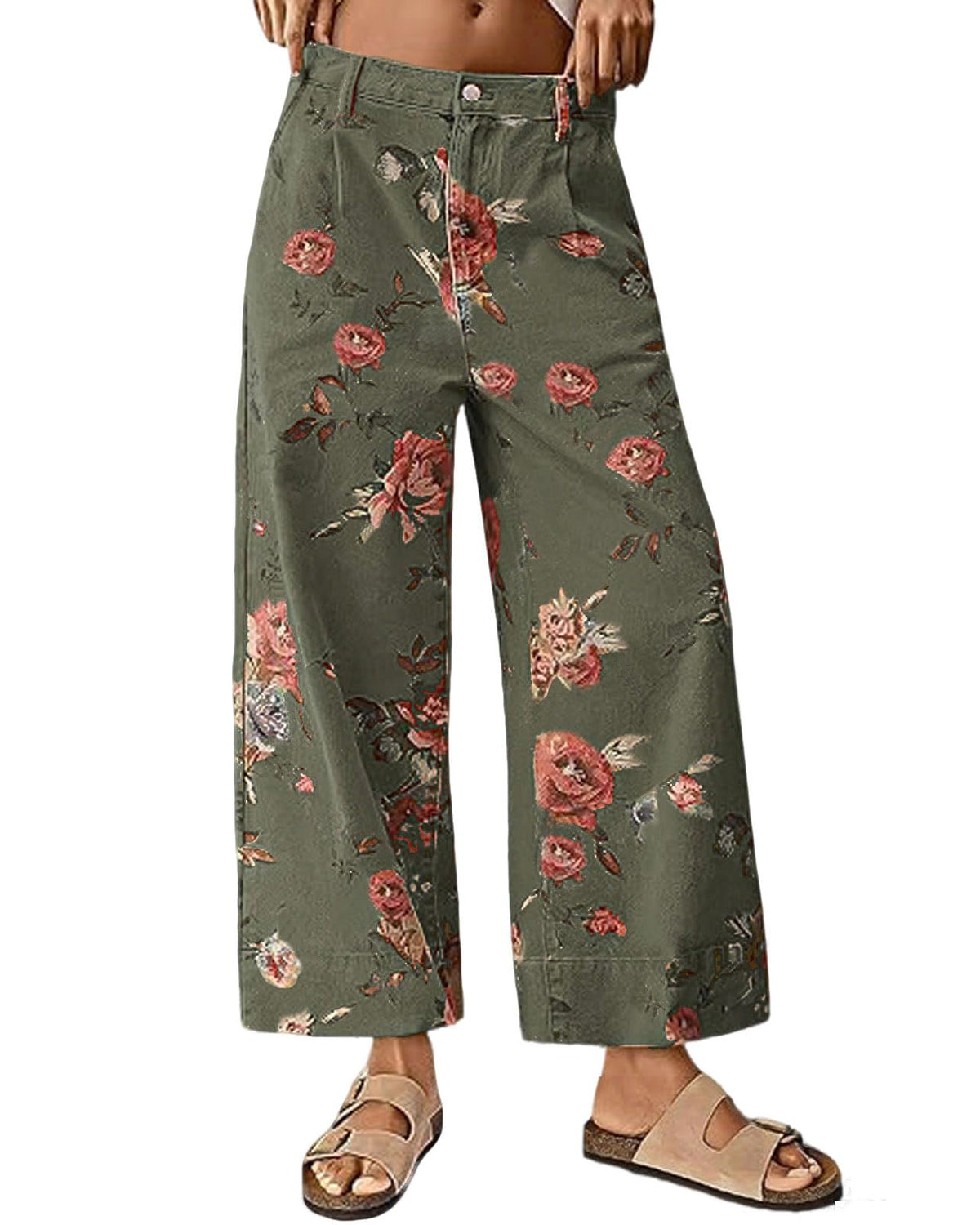 Chouyatou Women Mid Rise Cropped Wide Leg Jeans Baggy Floral Ankle Pants Denim Capris Flare Print Boho Palazzo Jeans Boyfriend