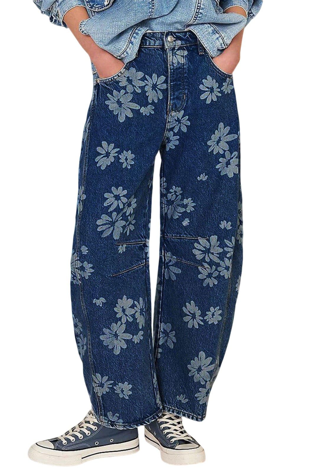 Chouyatou Women Y2k Distressed Barrel Jeans Baggy Wide Leg Jeans Floral Printed Boyfriend Patchwork Denim Pants