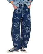 Chouyatou Women Y2k Distressed Barrel Jeans Baggy Wide Leg Jeans Floral Printed Boyfriend Patchwork Denim Pants