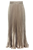 Chouyatou Women's Boho Satin Metallic Pleated Accordion Skirts Elastic High Waist Flowy A Line Shirring Maxi Long Skirt