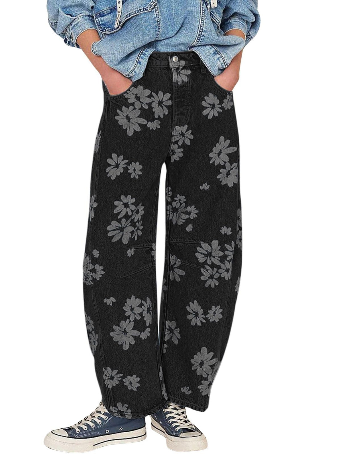 Chouyatou Women Y2k Distressed Barrel Jeans Baggy Wide Leg Jeans Floral Printed Boyfriend Patchwork Denim Pants
